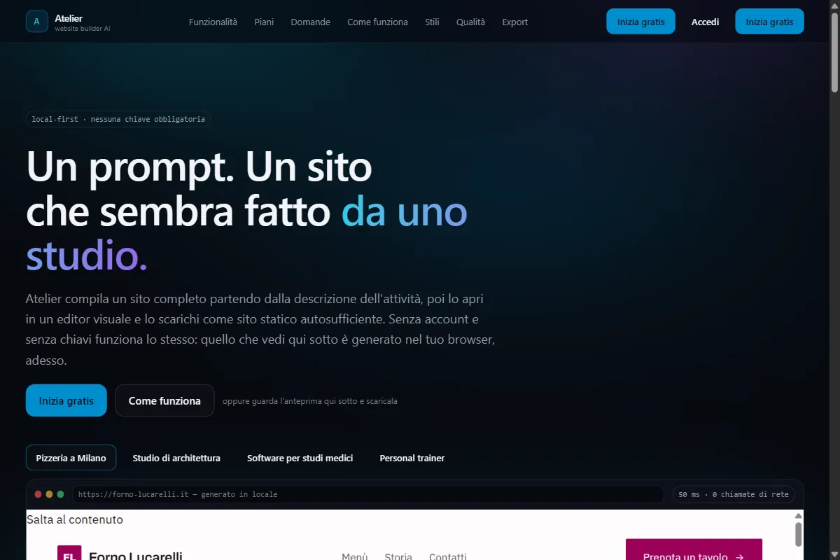 Atelier — website builder con AI di Ahsen Kurtoski, funzionante ma ancora in costruzione e in miglioramento